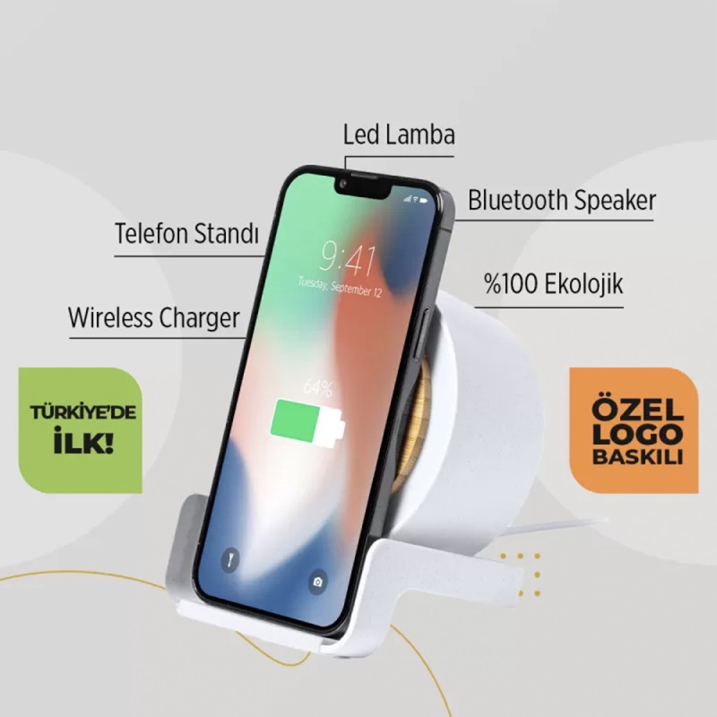 EccoTech %100 Ekolojik Bluetooth Speaker + Wireless Charger + Telefon Standı + Led Lamba